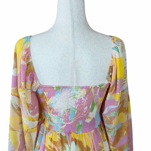 Böhme Smocked Floral Mini Dress Small Pastel Long Sleeve Boho Tiered - Picture 3 of 6